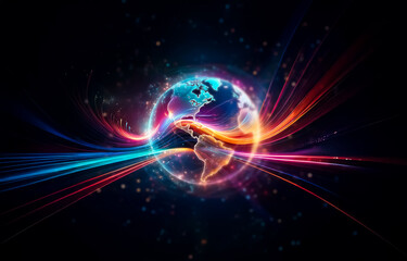 Poster - A glowing, digital earth with a network of lines and dots against a black background.