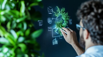 Aufkleber - Interactive Biophilic Smart Screen Multiracial Team Brainstorms on Virtual Green Interface - Progressive Tech Solutions for Inclusive Office Collaboration and Wellness Innovation