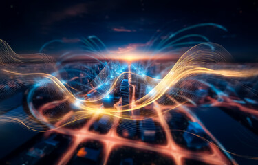 Poster - An aerial view of a modern city at sunset, with glowing lines connecting the buildings.