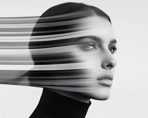 Poster - Monochrome Motion Art Sleek Female Portrait with Dynamic Brush Strokes - Visual Storytelling for Modern Marketing and Digital Branding Aesthetics