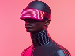 Poster - Futuristic Fashion Statement Neon Visor on Streamlined Black Outfit - Cutting-Edge Wearable Technology for Tech-Savvy Millennial Market in VR and AR Promotions