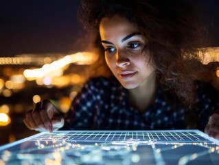 Leinwandbilder - Augmented Reality Interface Young Woman Analyzing Digital Graphics on Interactive Glass Screen - Cutting-Edge Technology Solutions in Urban Planning and Business Innovation
