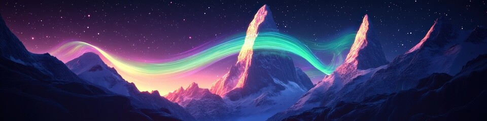 Poster - Captivating Northern Lights Over Majestic Mountain Landscape with Colorful Aurora Borealis, Starry Night Sky, and Snowy Peaks in Stunning Scenic View