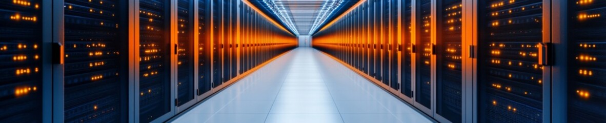 Fototapete - Dynamic LED Data Corridor High-Tech Server Rack Installation with Advanced Cooling - Pioneering Cloud Infrastructure for Agile Business Solutions and Secure Digital Hosting