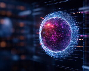 Leinwandbilder - Neon Digital Security Visualization Futuristic Graph with Network Nodes and Shield Emblem - Cybersecurity Tools for Enhanced Digital Defense in Tech Industries