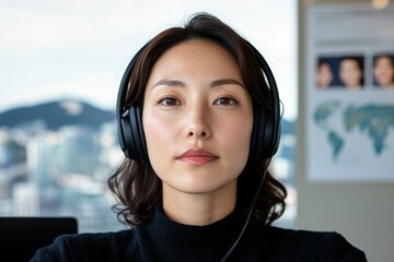Poster - Modern Cross-Cultural Team Dynamics Korean Woman Engaged in Virtual Meeting with Global Interface - Tech-Forward Office Collaboration for Enhanced Workflow Efficiency