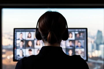 Poster - Tech-Driven Cross-Cultural Collaboration Korean Woman in Modern Office with Virtual Meeting on Laptop - Business Innovation and Remote Team Dynamics