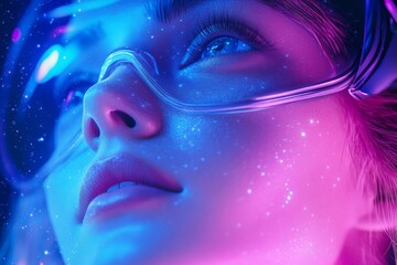 Poster - Close-up of a person wearing futuristic goggles under vibrant cosmic lighting