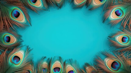 Canvas Print - Vibrant peacock feathers frame the edges, with rich turquoise green filling the center as copy space.