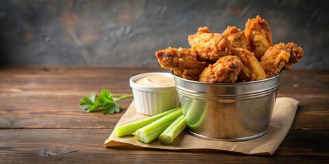 Wall Mural - Crispy fried chicken wings in a paper bucket with dipping sauce and celery sticks