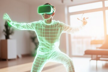 Aufkleber - Immersive VR Fitness Experience Teenage Boy in Futuristic Dance Routine - Virtual Reality Tech for Modern Wellness and Youthful Engagement in Smart Home Environments