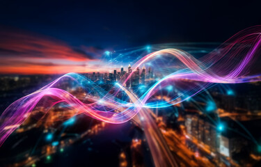Fototapete - A cityscape at night with blue and red light streaks connecting tall skyscrapers.