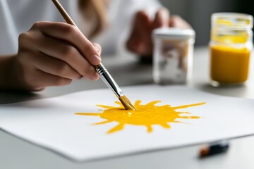 Poster - Warm Montessori Classroom Childs Hands Crafting a Yellow Sun with Watercolors on Canvas - Early Education Art and Mental Health Awareness Content Creation