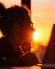Aufkleber - Golden Hour Study Vibes Silhouetted Student with Laptop and Glasses - Modern Learning Tech and Creative Content for Academic Growth and Digital Empowerment
