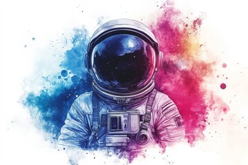 Wall Mural - astronaut in colorful space background with splashes of blue and pink paint looking ready for an adv