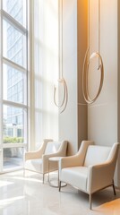 Leinwandbilder - Mid-Century Lounge Networking Minimalist Leather Chairs with Natural Light in Glass Atrium - Modern Business Meeting Space for Authentic Professional Interactions