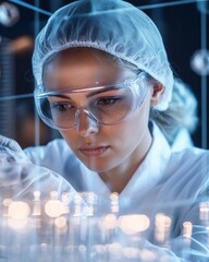 Poster - Futuristic Laboratory Study Female Scientist in Protective Gear, Analyzing Data on High-Tech Graphs - Cutting-Edge Pharmaceutical Research and Vaccine Development Visual in Health-Tech Industry