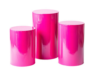 The image shows three shiny pink cylindrical display stands of varying heights against a black background.