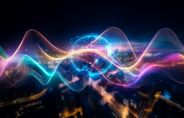 Poster - A glowing blue globe with network connections is above a blurred cityscape at night.