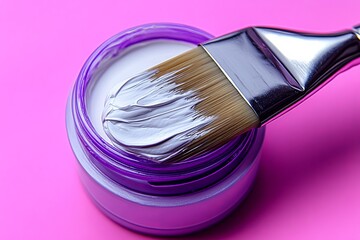 Poster - Bright purple jar filled with creamy white paint and brush resting on vibrant pink background