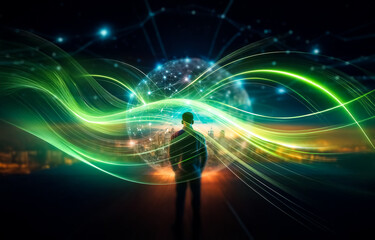 Poster - A lone figure stands on a platform, gazing out at a glowing globe representing a network of connections, with a cityscape in the distance.