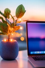 Aufkleber - Sleek Digital Workspace Dual Monitor Setup with Wireless Accessories and Plant Decor on Smooth Surface - Efficient Workflow for Modern Tech Professionals