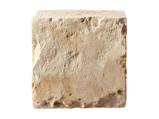 Poster - A single cubic block of light beige stone with a rough, uneven surface is shown against a black background.