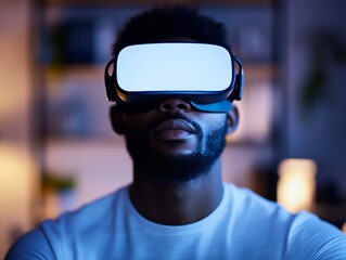 Fototapete - Immersive Reading Nook Modern VR Experience for Professionals in Digital Home Office - Evening Tranquility and Virtual Library Interface