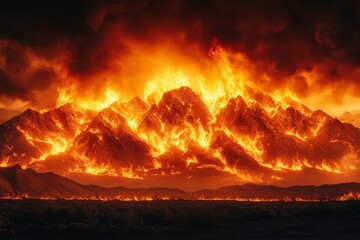 Poster - Majestic mountains engulfed in flames during a violent volcanic eruption at dusk