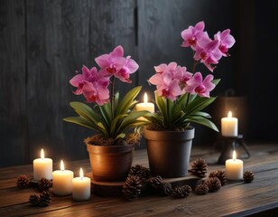 Wall Mural - Potted orchids with artificial candles and pinecones on a dark wooden table, gift, sophisticated, modern style