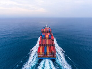 Poster - Aerial View of Modern Cargo Vessel Stacked Shipping Containers Across Sea Horizon - Global Logistics Insight and International Trade Efficiency for Maritime Commerce