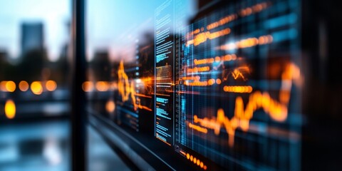 Poster - Futuristic BI Visualization Transparent Smart Screens Displaying Real-Time Market Analytics in a High-Tech Office - Advanced Data Solutions for Corporate Growth and Competitive Edge