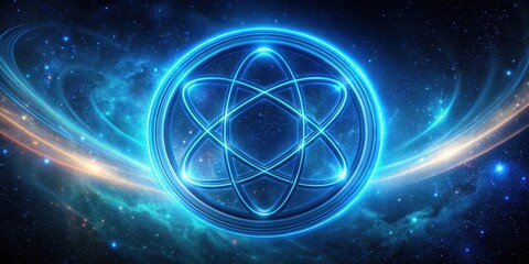 Wall Mural - Intricately designed Torus-shaped sacred symbol with glowing blue lines against a dark, starry galaxy background , symbol