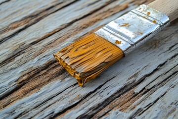 Poster - Paint brush resting on weathered wooden surface with vibrant brown hue in artistic setting