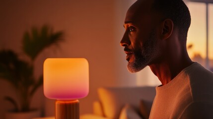 Poster - Modern Smart Home Lighting Middle-Aged Black Man Demonstrates Voice-Controlled Lamp with Warm to Cool Transitions in Contemporary, Sleek Living Space for Sustainable Tech Solutions