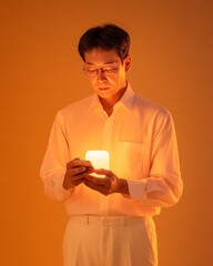Aufkleber - Smart Home Minimalism Korean Gentleman Adjusting Ambient Lighting Using Smartphone Sleek Furniture for Urban Tech and Cozy Living Spaces