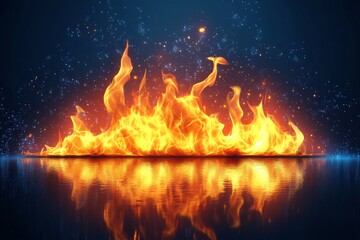 Poster - Bright flames dance on a reflective surface under a dark starry sky at night