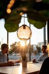 Wall Mural - Sunlit Modern Co-Working Space Glass Globe Pendant and Indoor Plant on Wooden Table - Urban Innovation and Creative Collaboration for Dynamic Teams