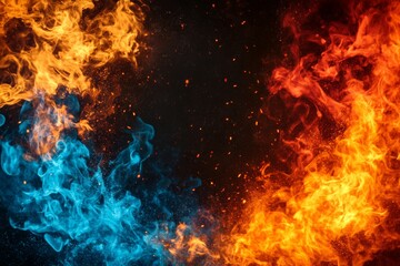 Wall Mural - Vivid flames and smoke create a dynamic display of blue and orange energy in a dark setting