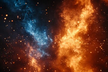 Poster - Vibrant cosmic colors blend in a stunning display of fiery orange and serene blue against a dark backdrop
