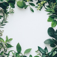 Fototapete - Floral arrangement featuring various green leaves on white background suitable for adding personalized text or messages. Generative AI