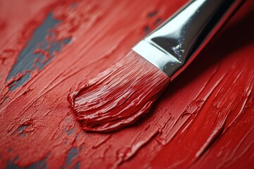 Aufkleber - Red paint glistens on canvas as brush strokes create texture and depth in an art studio setting