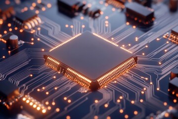 Fototapete - Futuristic Circuitry Illuminated Microchip Design with Metallic Textures in Tech Innovation - Advanced Electronics Concept and Secure Computing Infrastructure Promotion