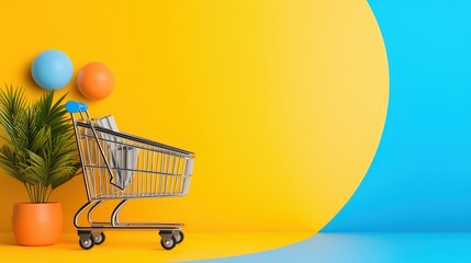 Canvas Print - Shopping Cart with Tropical Plant and Colorful Background