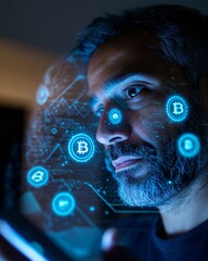 Fototapete - Futuristic Financial Interface South Asian Man Engages with Holographic Digital Currency Display in High-Tech Neon Home Office - Modern Payments and Fintech Solutions