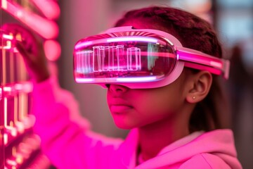 Poster - Neon VR Education Teenage Girl Exploring Interactive Science Lab in Futuristic Glasses - Tech-Driven Learning for Educational and Commercial Innovation