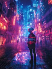 Aufkleber - Futuristic Urban Exploration Young Adult Engaging with Holographic Maps in Neon-Lit Cityscape - Next-Gen Tech Visualization for Urban Planning and Smart Cities