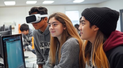 Poster - Immersive EdTech Experience Teen Students Using VR Headsets and Digital Devices in Sleek Classroom - Enabling Future Workforce Collaboration and Innovation