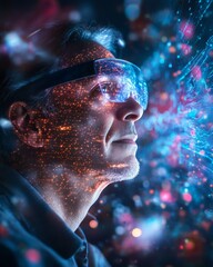 Leinwandbilder - Futuristic VR Experience Hispanic Male in Neon-Lit Room with Digital Textures - Immersive Technology for Business Innovation and Marketing Strategies