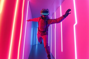 Poster - Immersive Neon VR Gaming Experience Dynamic Motion Blur of User with Headset in Futuristic Tunnel - Enhanced Entertainment and Interactive Marketing for Tech-Savvy Audiences